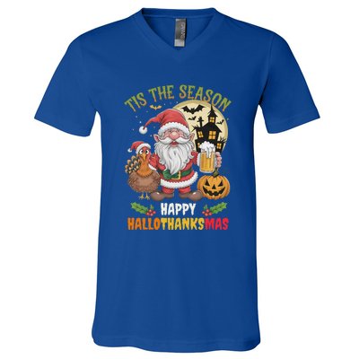 Happy Hallothanksmas Halloween Thanksgiving Merry Christmas V-Neck T-Shirt