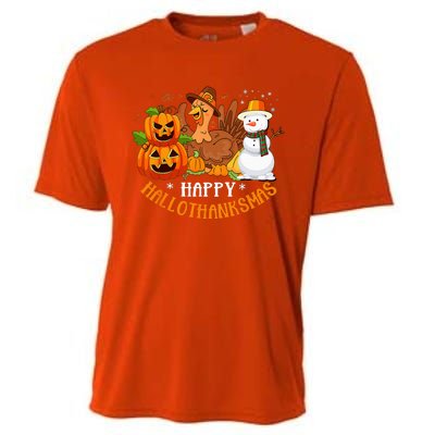 Happy Hallothanksmas Halloween Thanksgiving Christmas Day Cooling Performance Crew T-Shirt