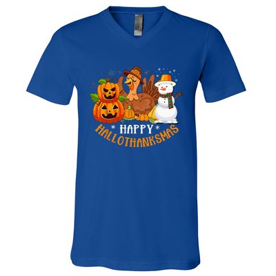 Happy Hallothanksmas Halloween Thanksgiving Christmas Day V-Neck T-Shirt