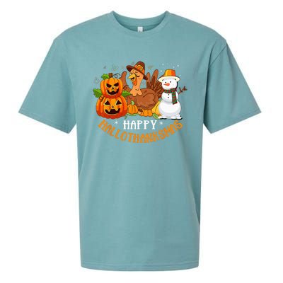 Happy Hallothanksmas Halloween Thanksgiving Christmas Day Sueded Cloud Jersey T-Shirt