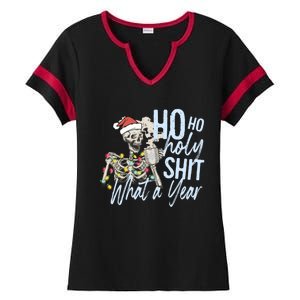 Ho Ho Holy Shit What A Year Gift Funny Christmas Skeleton Gift Ladies Halftime Notch Neck Tee