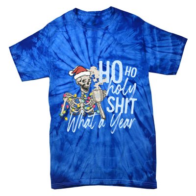 Ho Ho Holy Shit What A Year Gift Funny Christmas Skeleton Gift Tie-Dye T-Shirt