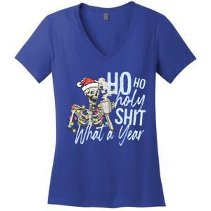 Ho Ho Holy Shit What A Year Gift Funny Christmas Skeleton Gift Women's V-Neck T-Shirt