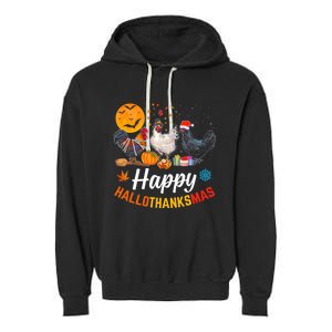 Happy HalloThanksMas Halloween Thanksgiving Xmas Chicken Garment-Dyed Fleece Hoodie