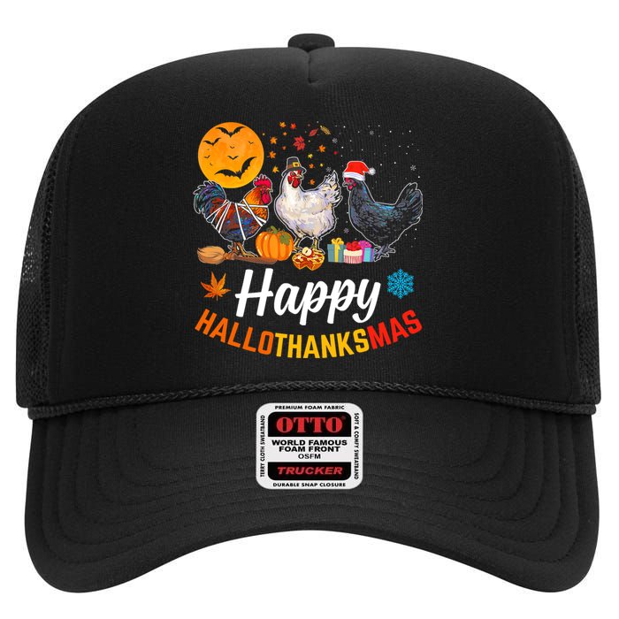 Happy HalloThanksMas Halloween Thanksgiving Xmas Chicken High Crown Mesh Back Trucker Hat