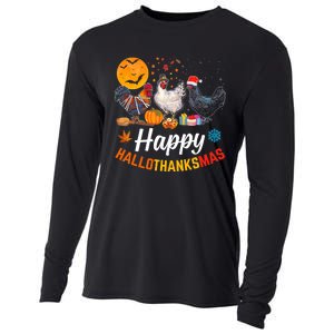 Happy HalloThanksMas Halloween Thanksgiving Xmas Chicken Cooling Performance Long Sleeve Crew