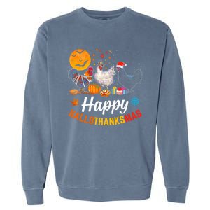 Happy HalloThanksMas Halloween Thanksgiving Xmas Chicken Garment-Dyed Sweatshirt