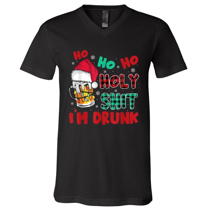 Ho Ho Holy Shit I'm Drunk Beer Santa Hat Christmas Drinking V-Neck T-Shirt