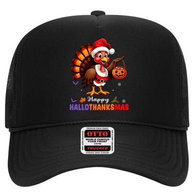 Happy Hallothanksmas Halloween Thanksgiving Christmas High Crown Mesh Back Trucker Hat