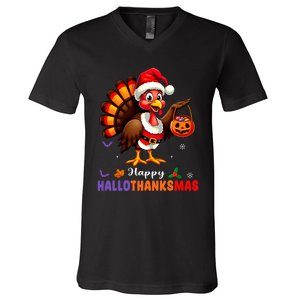 Happy Hallothanksmas Halloween Thanksgiving Christmas V-Neck T-Shirt