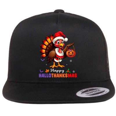 Happy Hallothanksmas Halloween Thanksgiving Christmas Flat Bill Trucker Hat