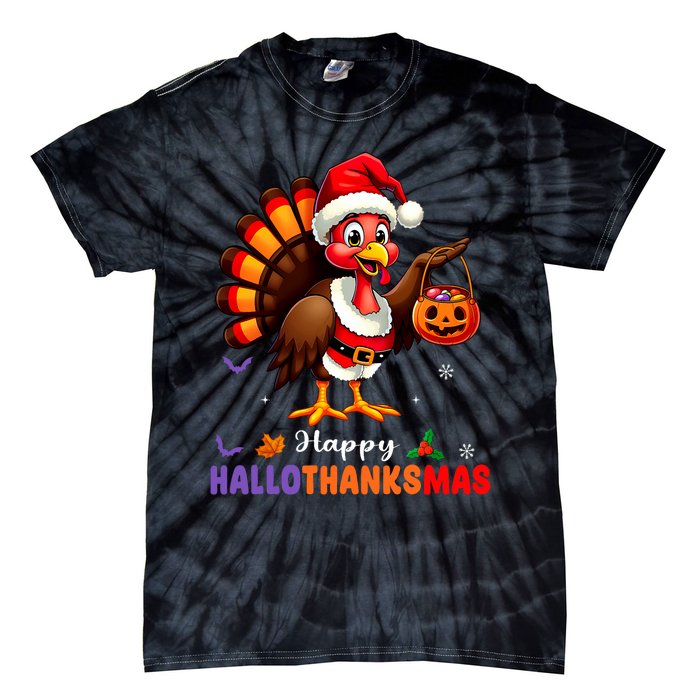 Happy Hallothanksmas Halloween Thanksgiving Christmas Tie-Dye T-Shirt