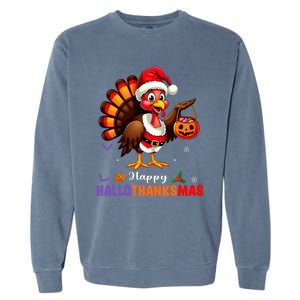 Happy Hallothanksmas Halloween Thanksgiving Christmas Garment-Dyed Sweatshirt