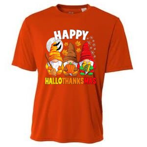 Happy HalloThanksMas Halloween Thanksgiving Christmas Gnomes Cooling Performance Crew T-Shirt