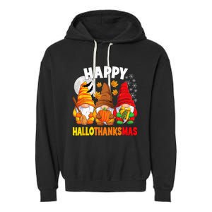 Happy HalloThanksMas Halloween Thanksgiving Christmas Gnomes Garment-Dyed Fleece Hoodie