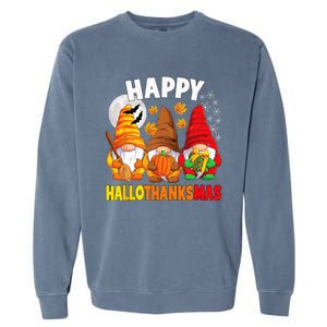 Happy HalloThanksMas Halloween Thanksgiving Christmas Gnomes Garment-Dyed Sweatshirt