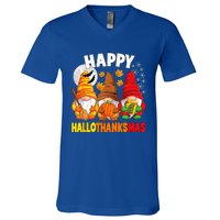 Happy HalloThanksMas Halloween Thanksgiving Christmas Gnomes V-Neck T-Shirt