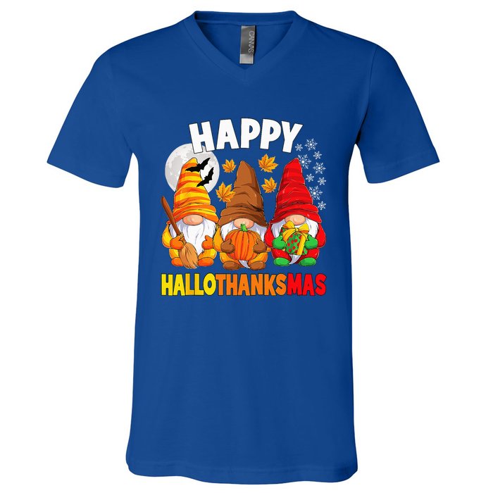 Happy HalloThanksMas Halloween Thanksgiving Christmas Gnomes V-Neck T-Shirt