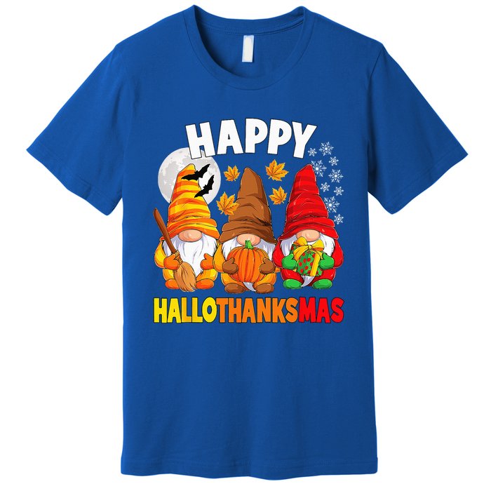 Happy HalloThanksMas Halloween Thanksgiving Christmas Gnomes Premium T-Shirt