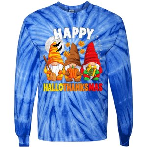 Happy HalloThanksMas Halloween Thanksgiving Christmas Gnomes Tie-Dye Long Sleeve Shirt