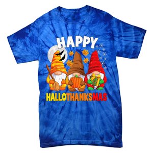 Happy HalloThanksMas Halloween Thanksgiving Christmas Gnomes Tie-Dye T-Shirt