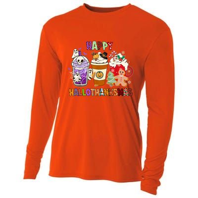 Happy Hallothanksmas Halloween Thanksgiving Christmas Design Cooling Performance Long Sleeve Crew