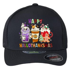 Happy Hallothanksmas Halloween Thanksgiving Christmas Design Flexfit Unipanel Trucker Cap