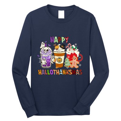 Happy Hallothanksmas Halloween Thanksgiving Christmas Design Long Sleeve Shirt