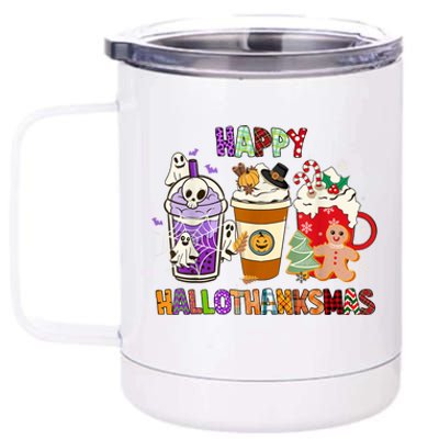 Happy Hallothanksmas Halloween Thanksgiving Christmas Design 12 oz Stainless Steel Tumbler Cup