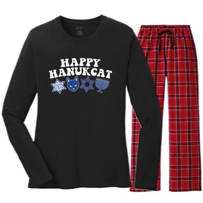 Happy Hanukkah Hanukcat Jewish Costume Menorah Cat Mom Dad  Women's Long Sleeve Flannel Pajama Set 