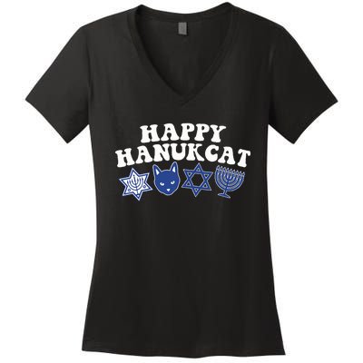 Happy Hanukkah Hanukcat Jewish Costume Menorah Cat Mom Dad  Women's V-Neck T-Shirt