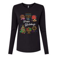 Happy Holidays Hanukkah Feliz Navidad Christmas Kwanzaa Womens Cotton Relaxed Long Sleeve T-Shirt