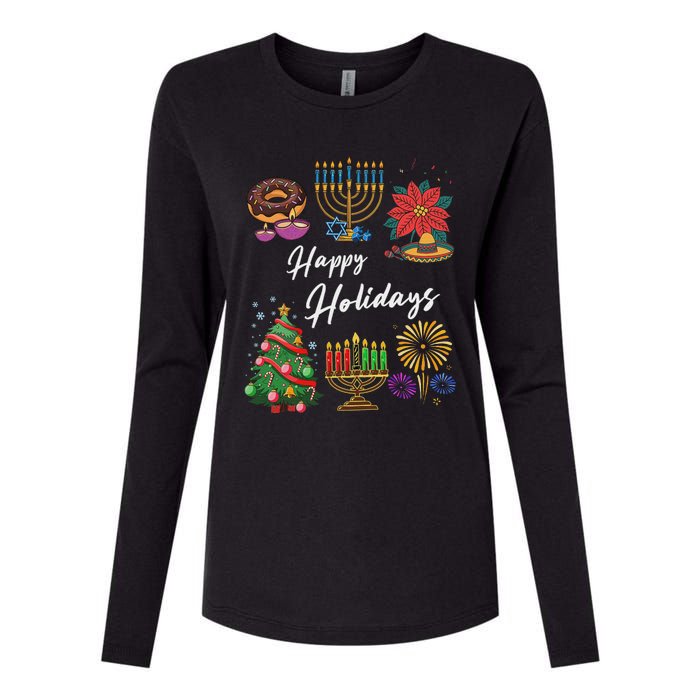 Happy Holidays Hanukkah Feliz Navidad Christmas Kwanzaa Womens Cotton Relaxed Long Sleeve T-Shirt