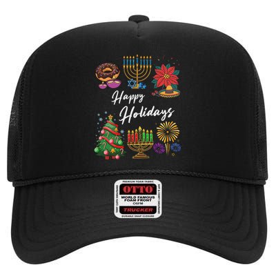 Happy Holidays Hanukkah Feliz Navidad Christmas Kwanzaa High Crown Mesh Back Trucker Hat