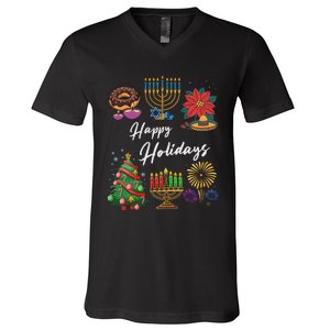 Happy Holidays Hanukkah Feliz Navidad Christmas Kwanzaa V-Neck T-Shirt