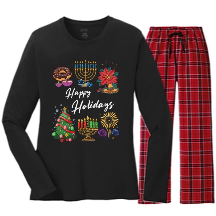 Happy Holidays Hanukkah Feliz Navidad Christmas Kwanzaa Women's Long Sleeve Flannel Pajama Set 