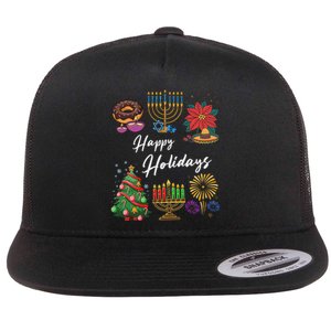 Happy Holidays Hanukkah Feliz Navidad Christmas Kwanzaa Flat Bill Trucker Hat