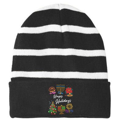 Happy Holidays Hanukkah Feliz Navidad Christmas Kwanzaa Striped Beanie with Solid Band