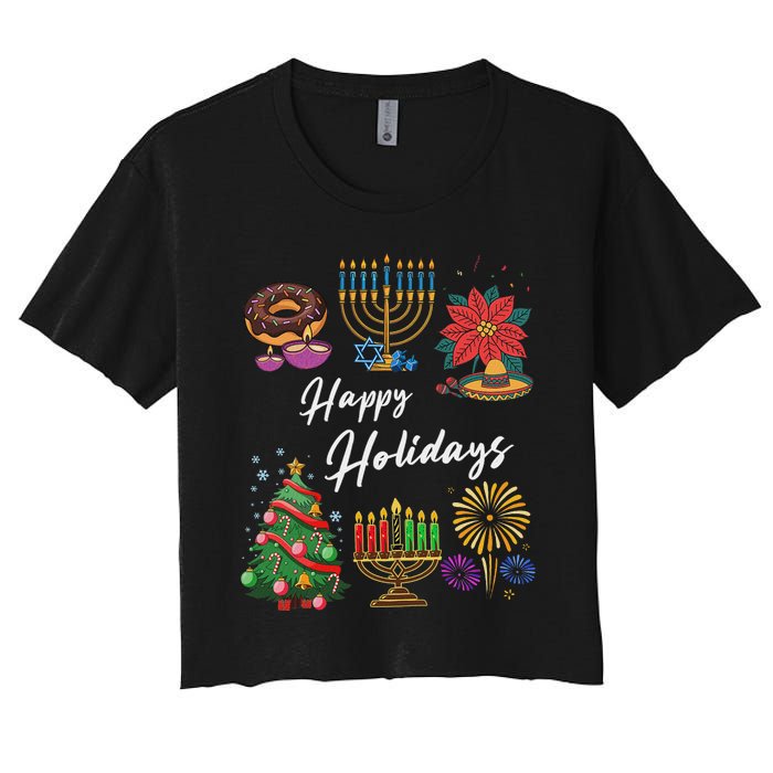 Happy Holidays Hanukkah Feliz Navidad Christmas Kwanzaa Women's Crop Top Tee