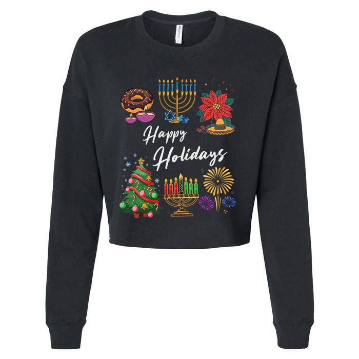 Happy Holidays Hanukkah Feliz Navidad Christmas Kwanzaa Cropped Pullover Crew