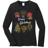 Happy Holidays Hanukkah Feliz Navidad Christmas Kwanzaa Ladies Long Sleeve Shirt