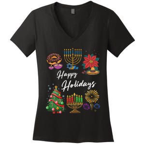 Happy Holidays Hanukkah Feliz Navidad Christmas Kwanzaa Women's V-Neck T-Shirt