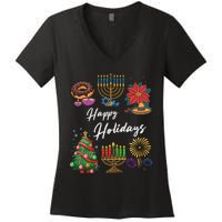 Happy Holidays Hanukkah Feliz Navidad Christmas Kwanzaa Women's V-Neck T-Shirt