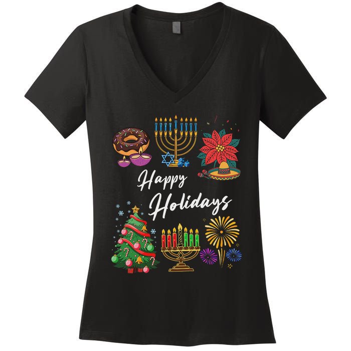 Happy Holidays Hanukkah Feliz Navidad Christmas Kwanzaa Women's V-Neck T-Shirt