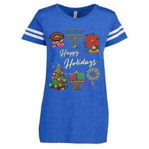 Happy Holidays Hanukkah Feliz Navidad Christmas Kwanzaa Enza Ladies Jersey Football T-Shirt