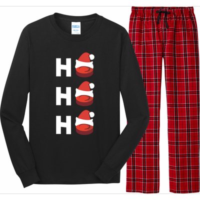 Ho Ho Ho Hockey Pucks Santa Hats Hockey Player Christmas Gif Gift Long Sleeve Pajama Set