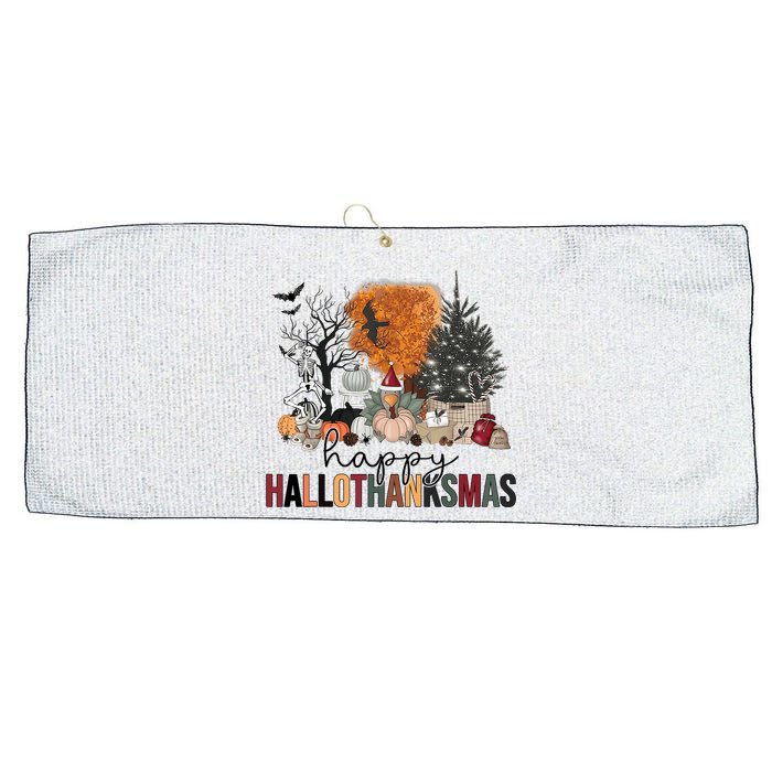 Happy Hallothanksmas Halloween Thanksgiving Christmas Autumn Large Microfiber Waffle Golf Towel