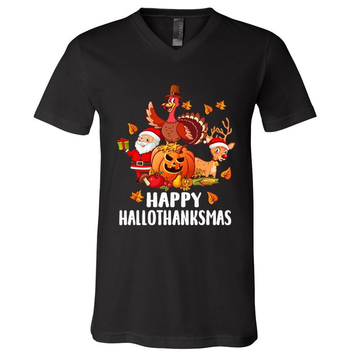 Happy Hallothanksmas Halloween Thanksgiving Christmas Day V-Neck T-Shirt