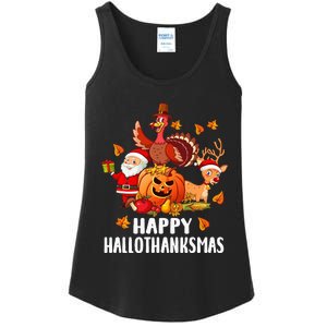 Happy Hallothanksmas Halloween Thanksgiving Christmas Day Ladies Essential Tank