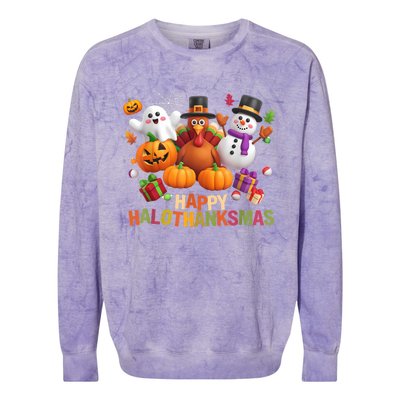 Happy Hallothanksmas Halloween Thanksgiving Christmas Squad Colorblast Crewneck Sweatshirt